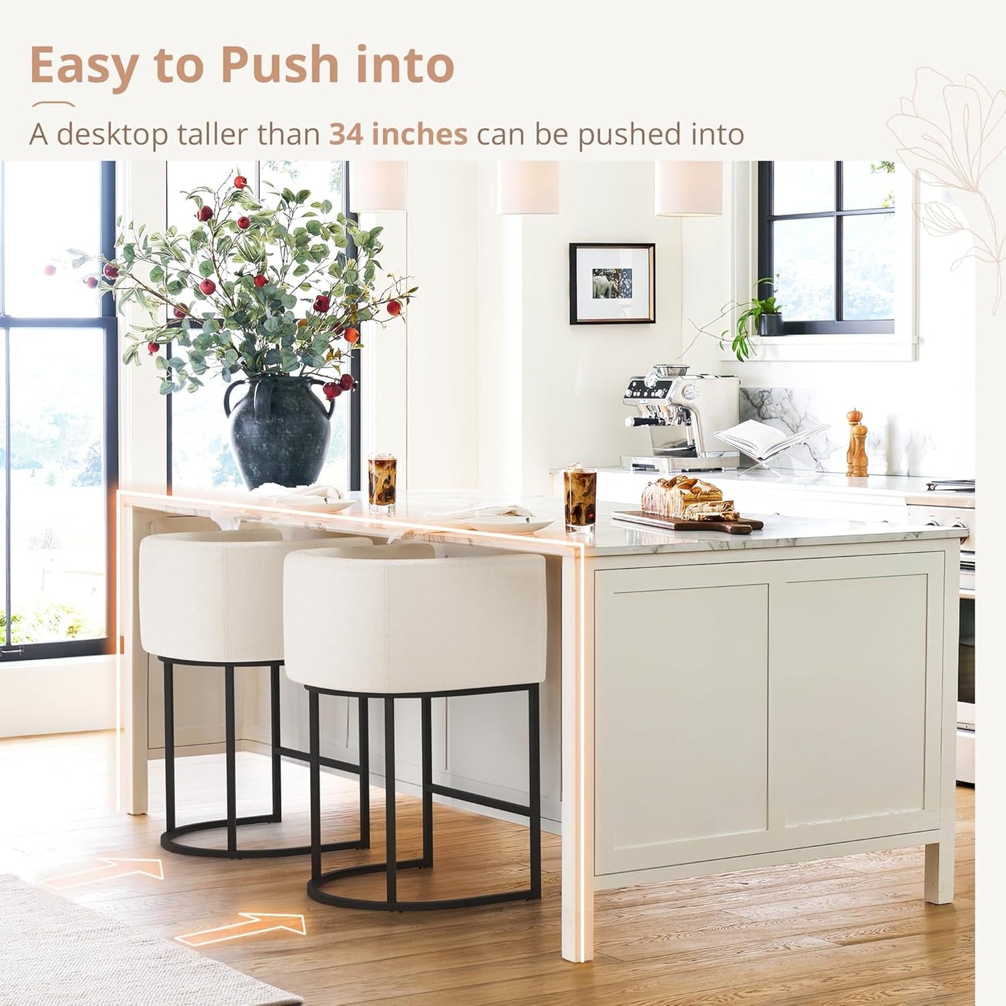 27" H Counter Height Bar Stools Set of 4, Modern Barrel Counter Stools with Backrest and Arms, Black Metal Frames, Linen Fabric Upholstered Accent Barstools for Kitchen Island, Beige