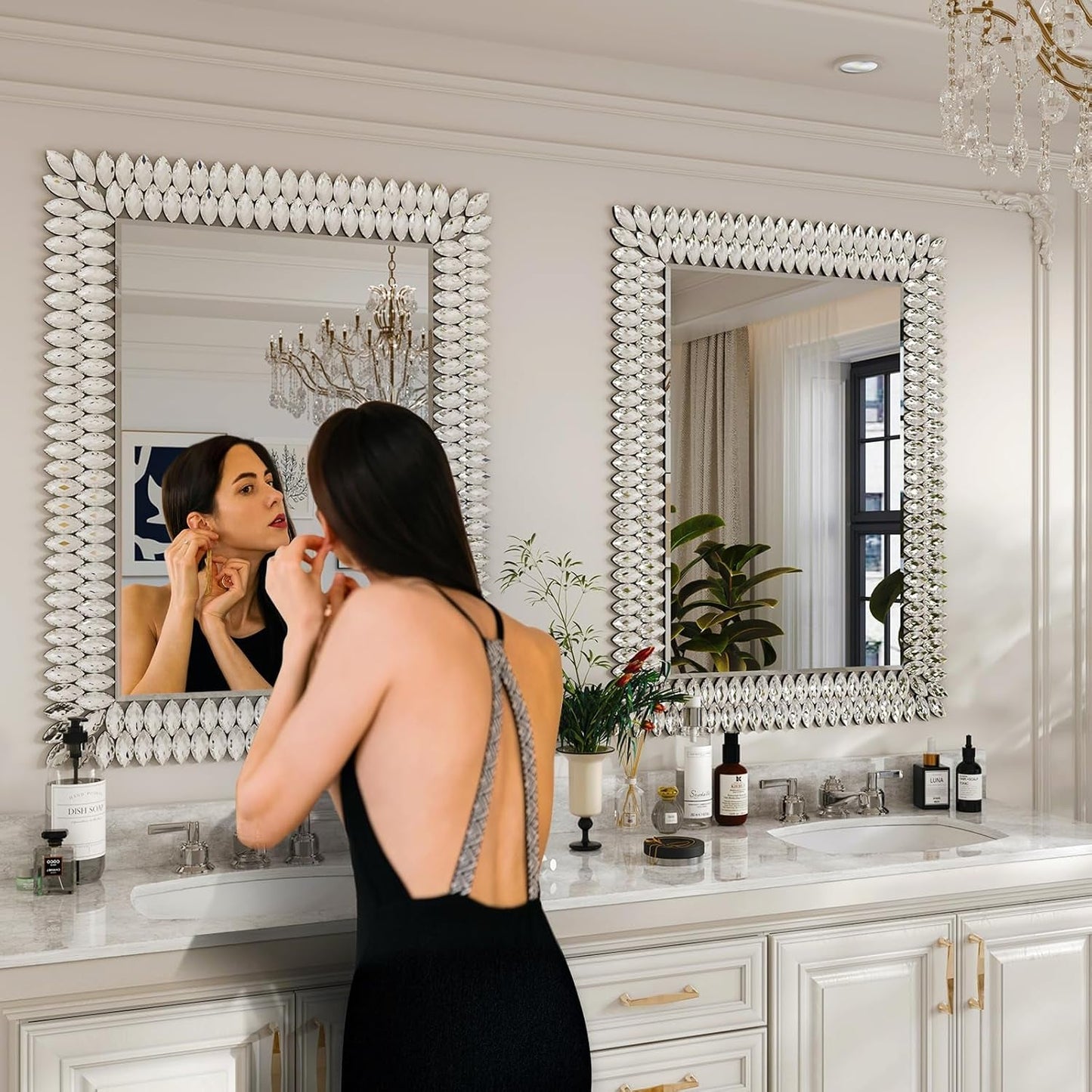 30"X40" Jeweled Bathroom Wall Mirror, Large Rectangle Mirror Decorative Mirror Luxury Vanity Mirror with Diamonds for Master Bath Half Bath Living Room Bedroom Fireplace Mantle Entryway