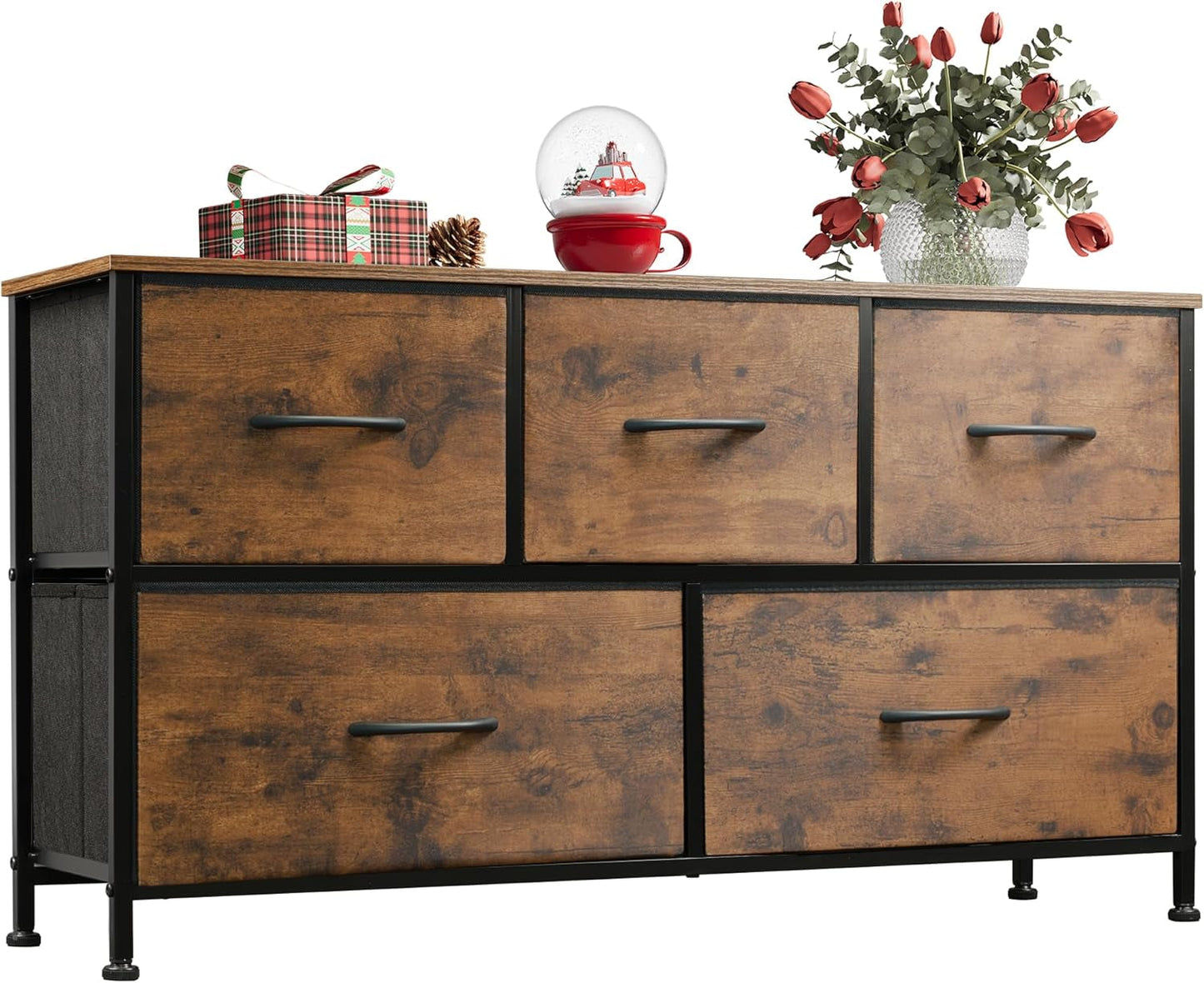 Dresser for Bedroom with 5 Drawers, Wide Chest of Drawers, Fabric Dresser, Storage Organizer Unit with Fabric Bins for Closet, Living Room, Hallway, Rustic Brown Wood Grain Print