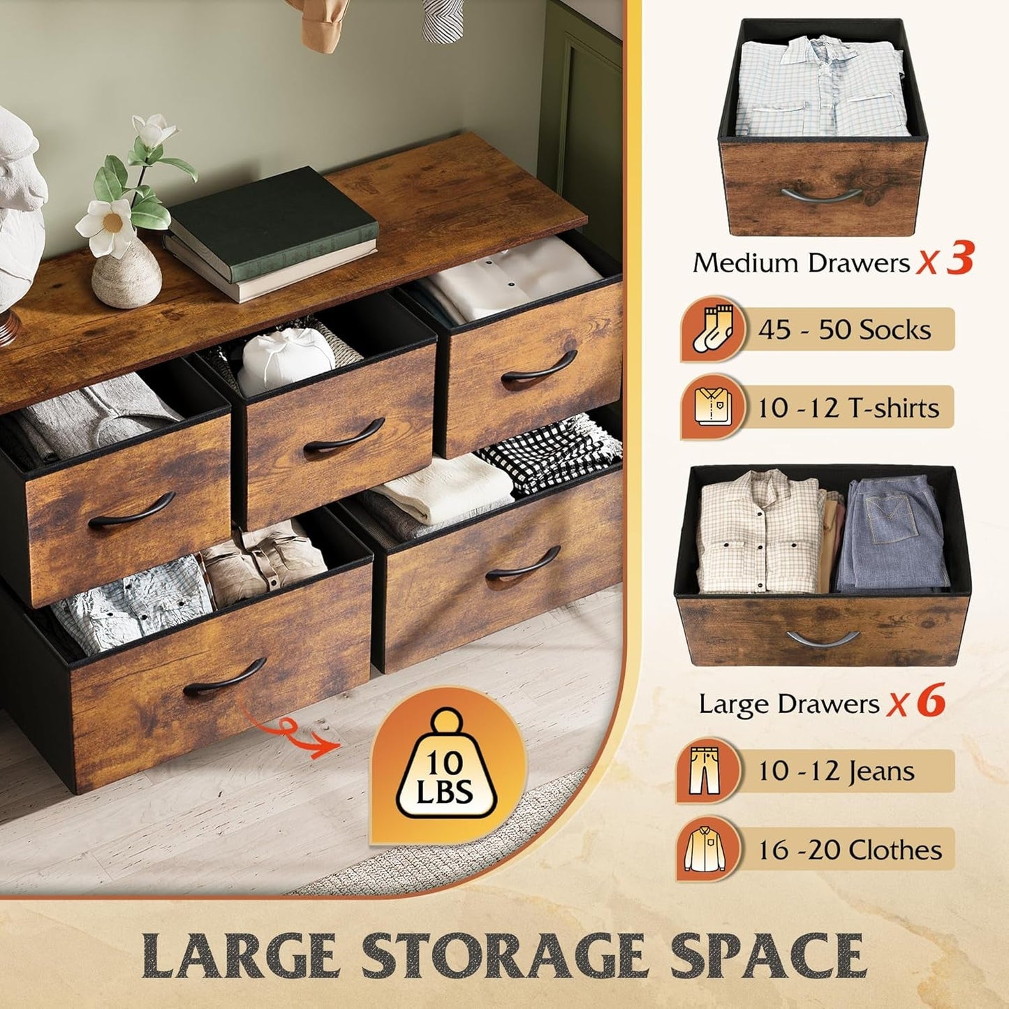 Dresser for Bedroom with 5 Drawers, Wide Chest of Drawers, Fabric Dresser, Storage Organizer Unit with Fabric Bins for Closet, Living Room, Hallway, Rustic Brown Wood Grain Print
