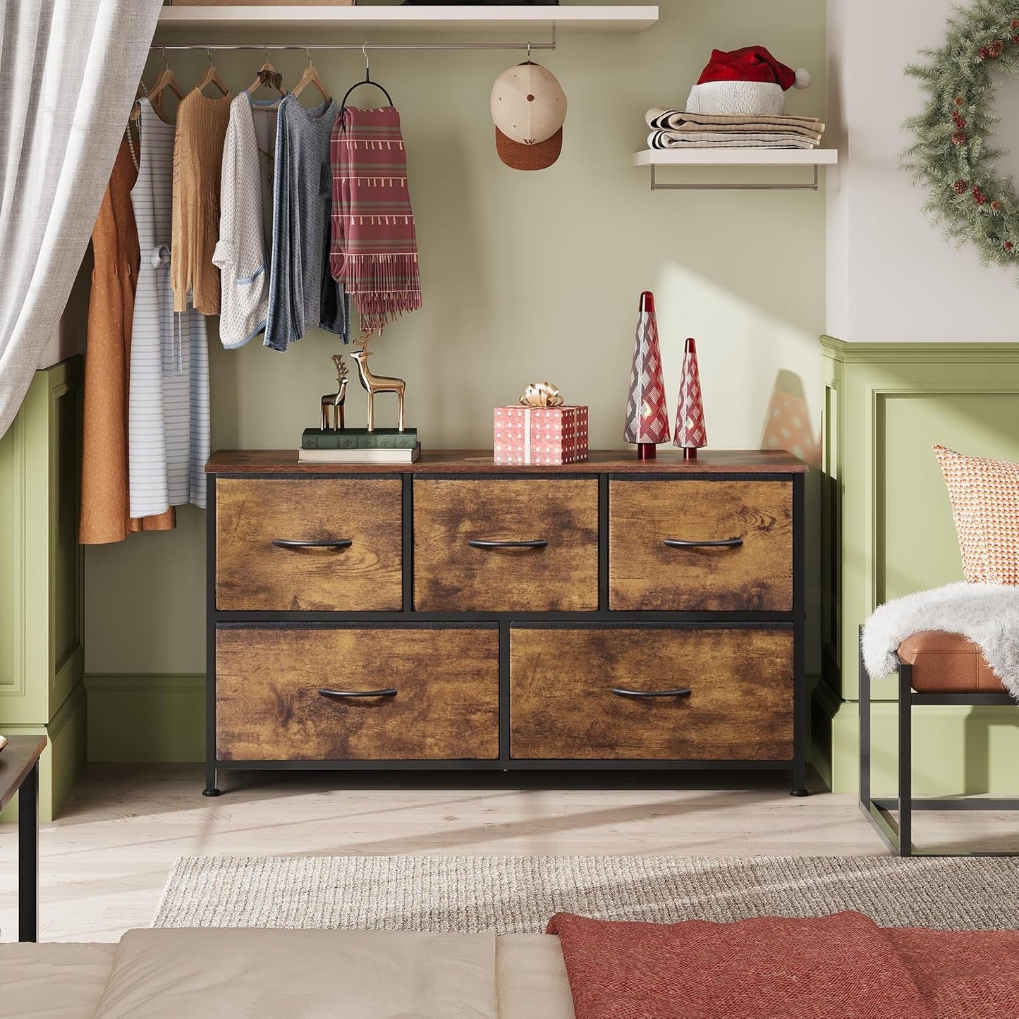 Dresser for Bedroom with 5 Drawers, Wide Chest of Drawers, Fabric Dresser, Storage Organizer Unit with Fabric Bins for Closet, Living Room, Hallway, Rustic Brown Wood Grain Print