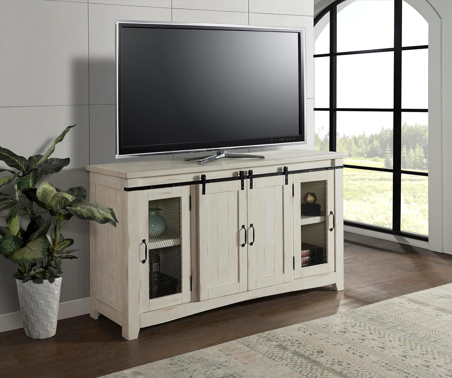 Rustic 65” Solid Wood TV Stand with Storage, All Antique White