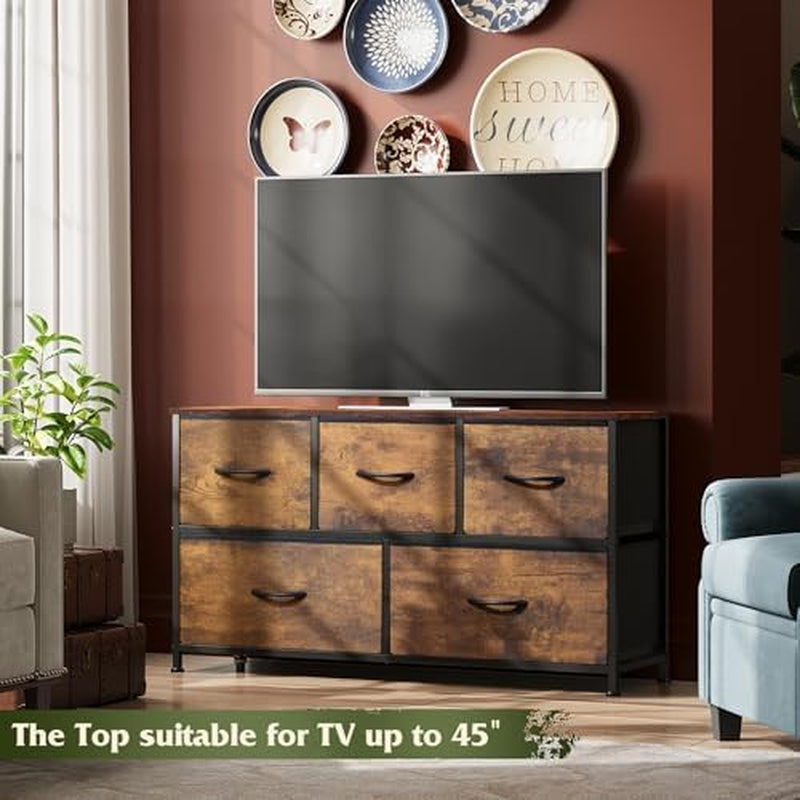 Dresser for Bedroom with 5 Drawers, Wide Chest of Drawers, Fabric Dresser, Storage Organizer Unit with Fabric Bins for Closet, Living Room, Hallway, Rustic Brown Wood Grain Print