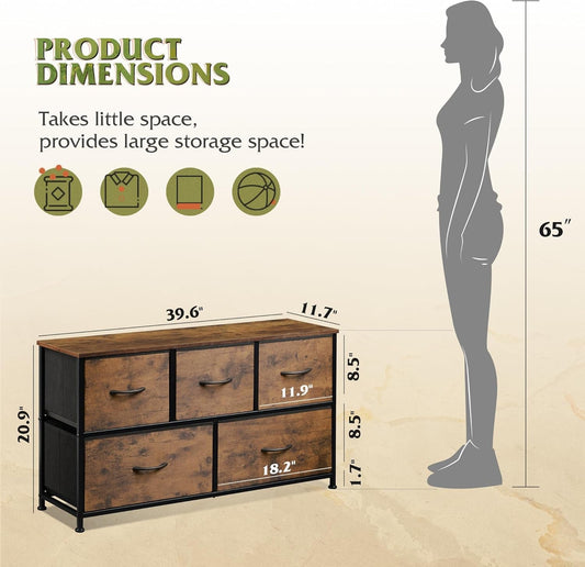 Dresser for Bedroom with 5 Drawers, Wide Chest of Drawers, Fabric Dresser, Storage Organizer Unit with Fabric Bins for Closet, Living Room, Hallway, Rustic Brown Wood Grain Print