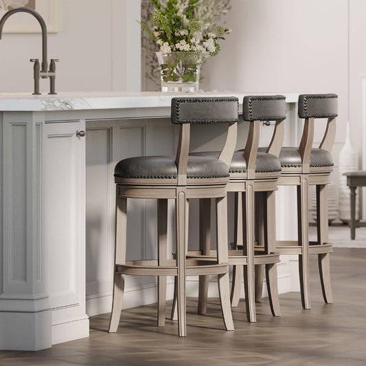 Alexander 31 Inch Tall Bar Height Rotating Low Back Barstool in Reclaimed Oak Finish with Ronan Stone Vegan Leather Seat