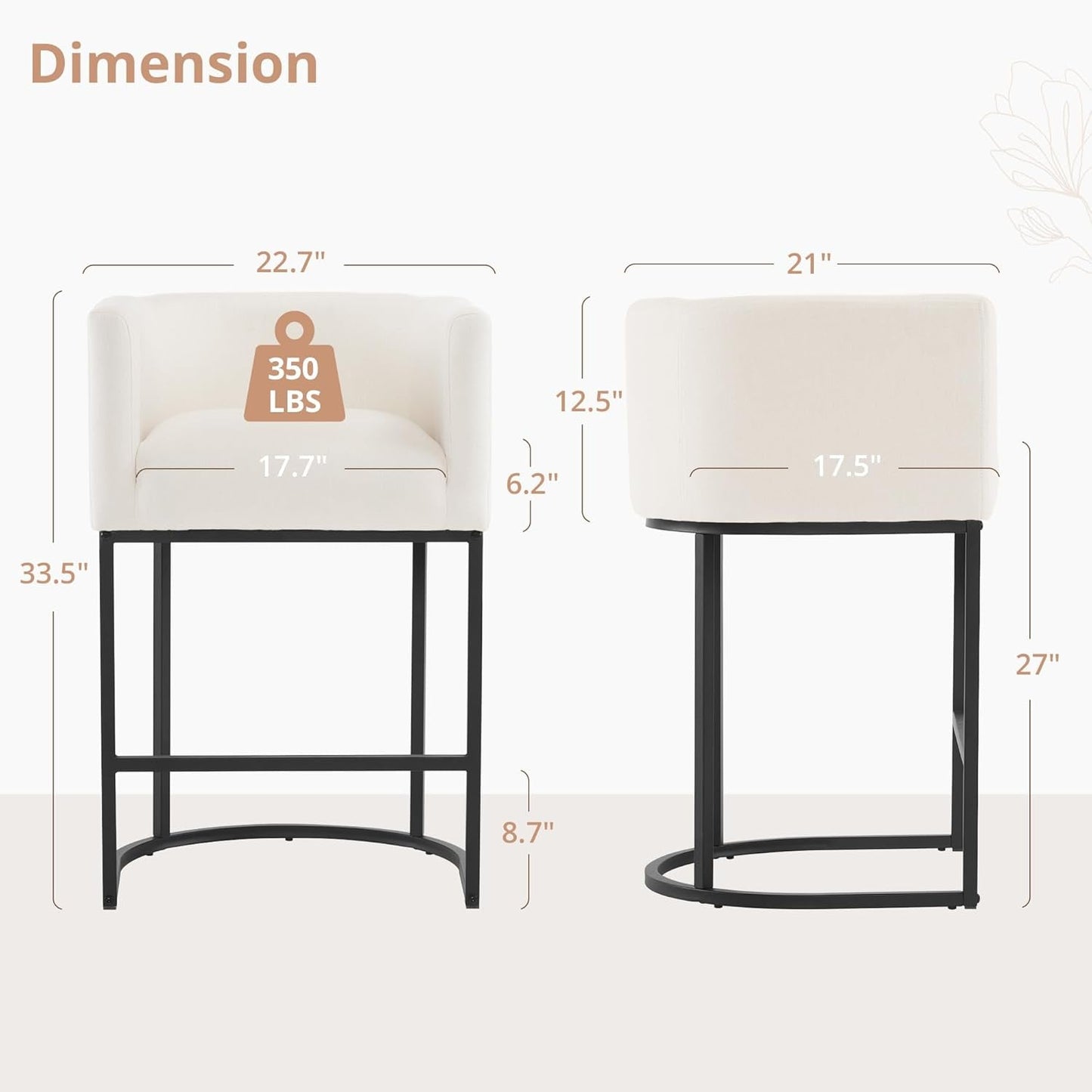 27" H Counter Height Bar Stools Set of 4, Modern Barrel Counter Stools with Backrest and Arms, Black Metal Frames, Linen Fabric Upholstered Accent Barstools for Kitchen Island, Beige