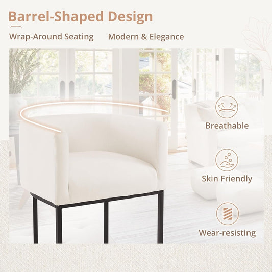 27" H Counter Height Bar Stools Set of 4, Modern Barrel Counter Stools with Backrest and Arms, Black Metal Frames, Linen Fabric Upholstered Accent Barstools for Kitchen Island, Beige