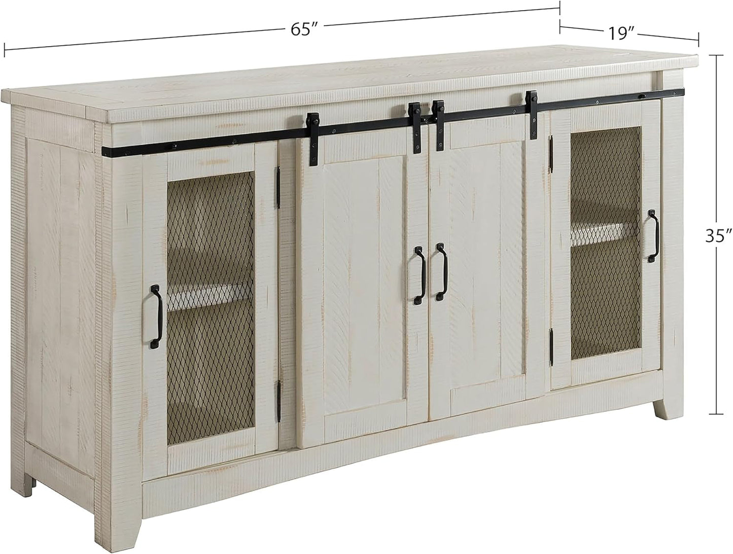 Rustic 65” Solid Wood TV Stand with Storage, All Antique White