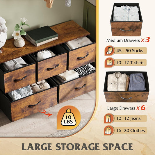 Dresser for Bedroom with 5 Drawers, Wide Chest of Drawers, Fabric Dresser, Storage Organizer Unit with Fabric Bins for Closet, Living Room, Hallway, Rustic Brown Wood Grain Print