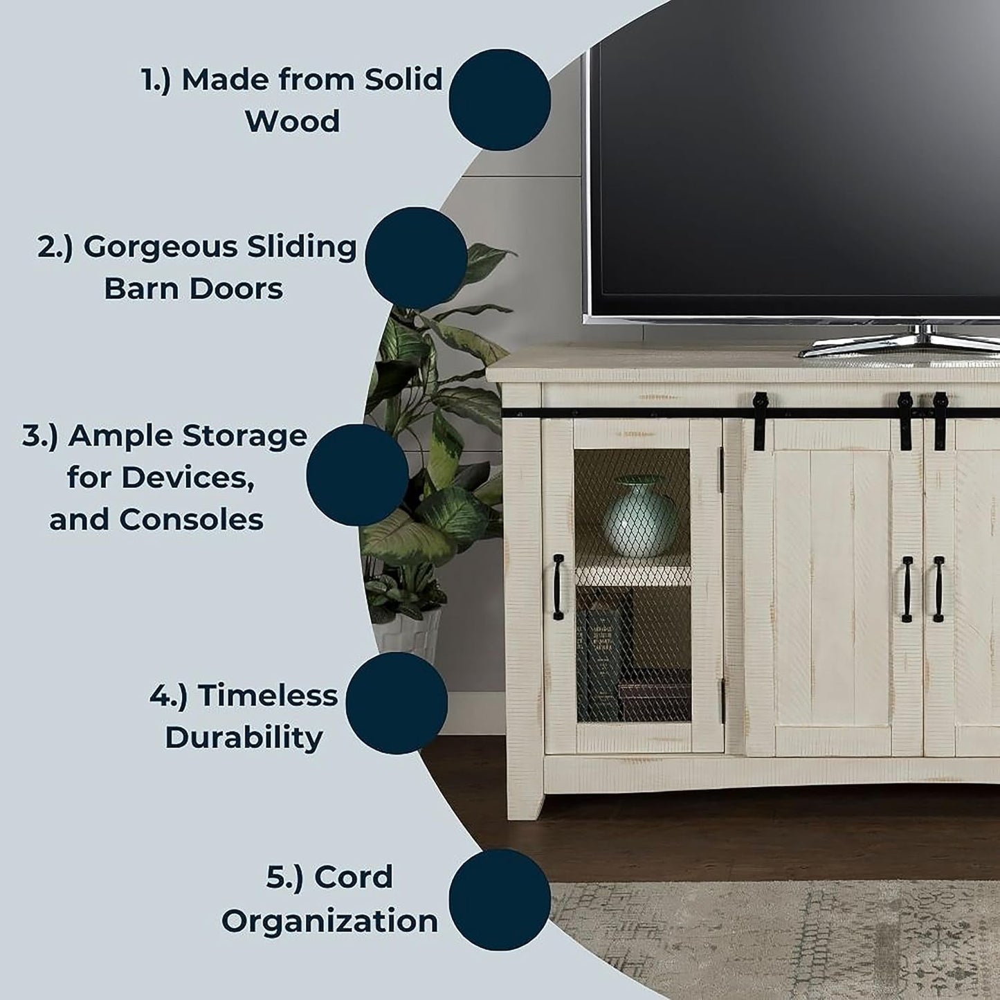 Rustic 65” Solid Wood TV Stand with Storage, All Antique White