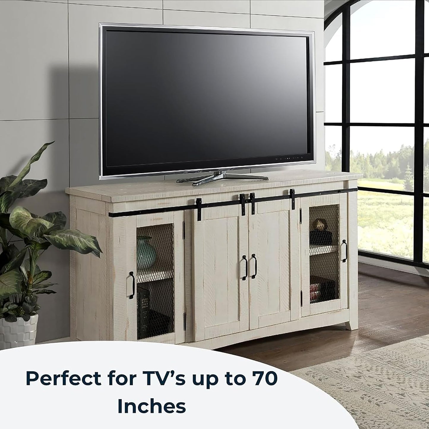 Rustic 65” Solid Wood TV Stand with Storage, All Antique White